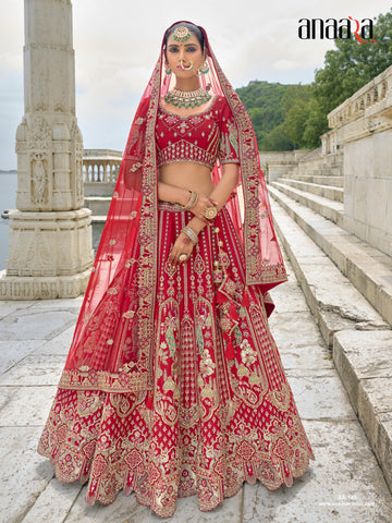 Red Raw Silk Bridal Wedding Lehenga Set with Heavy Net Dupatta - AA145